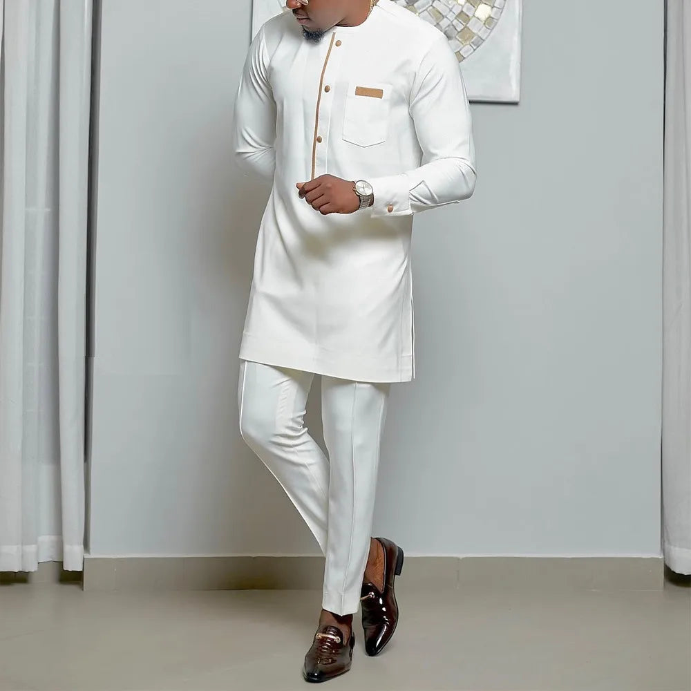 African traditional dress men's suit Long sleeve ethnic style printed patchwork shirt casual pants 2 piece holiday casual suit