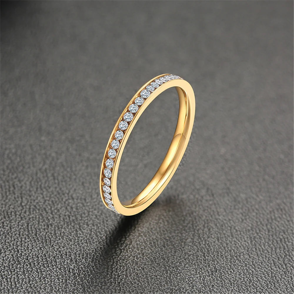 2mm Iced Out Cubic Zirconia Ring Female Gold Silver Color Stainless Steel Wedding Rings for Women Fashion Jewelry Gift