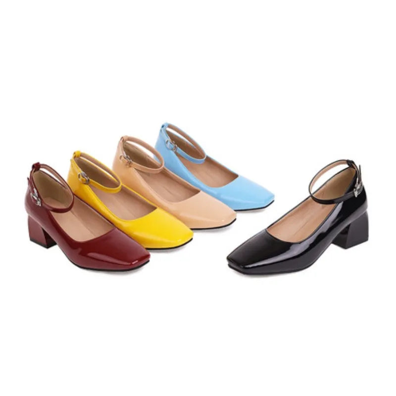 New Women's Red Black Mary Janes Shoes High Quality Leather Low Heel Dress Shoes Square Toe Shallow Buckle Strap Women's Shoes