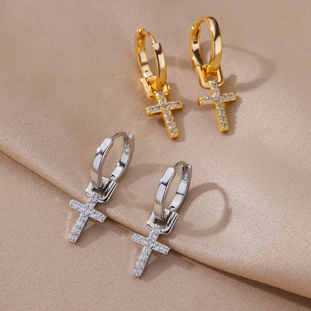 Zircon Cross Drop Earring for Women 2023 Gold Color Stainless Steel Earrings Luxury Ear Buckle Jewelry Wedding Gifts pendientes
