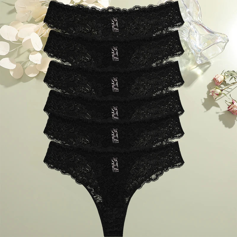 FINETOO 6Pcs/Set Perspective Lace Panties Hollow Out Low-waist Underwear Thongs Female Underpants Breathable Lingerie Intimates