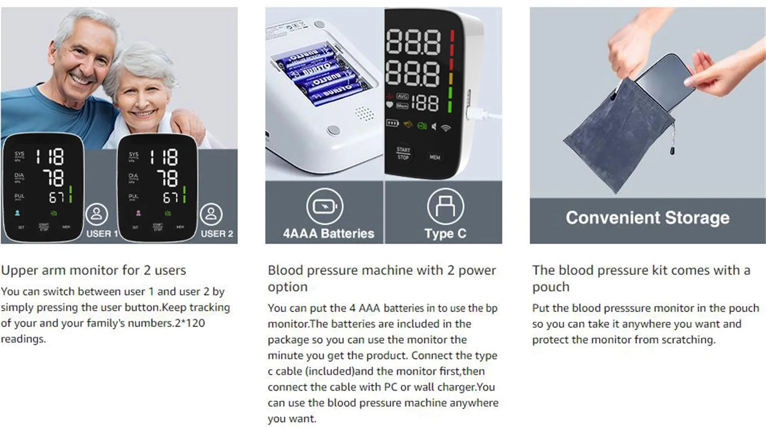 Kingclinic LED Backlit Screen Automatic Upper Arm BP Monitor Electronic Blood Pressure Machine 2X120 Groups Adjustable BP Cuff