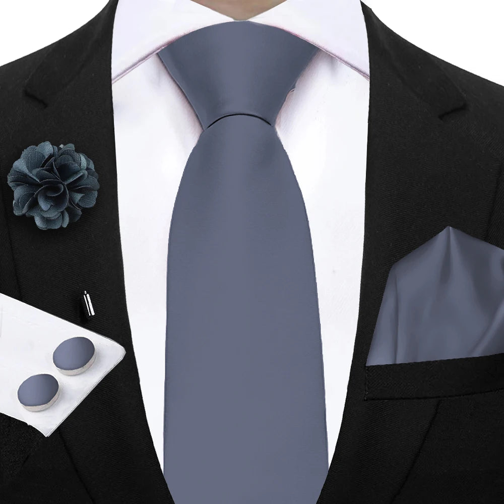 Mens Ties Solid NeckTie Pocket Square Brooch Set Men's Wedding Pink Blue Purple Tie Suit Accessories Fit Group Holiday Party
