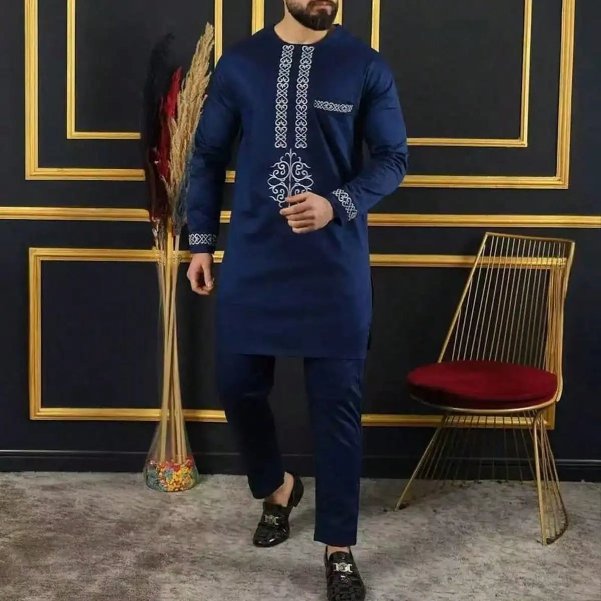African traditional dress men's suit Long sleeve ethnic style printed patchwork shirt casual pants 2 piece holiday casual suit