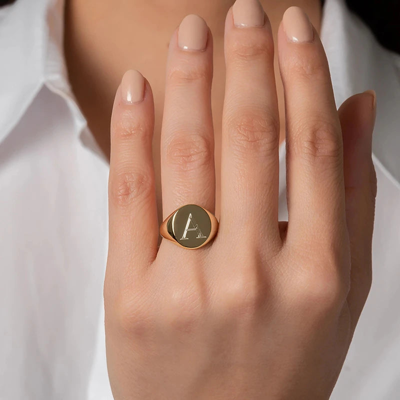 Elegant Personalized Name Bar Ring for Women Gold Color Stainless Steel Signet Stamp Ring Round Square Initial Custom Jewelry