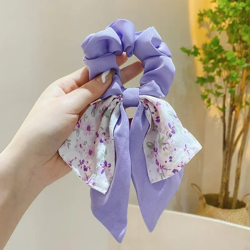 New Floral Print Bow Elastic Hair Bands Women Hair Ties Women Elegant Ribbon Rubber Band Headwear Girls Women  Hair Accessories