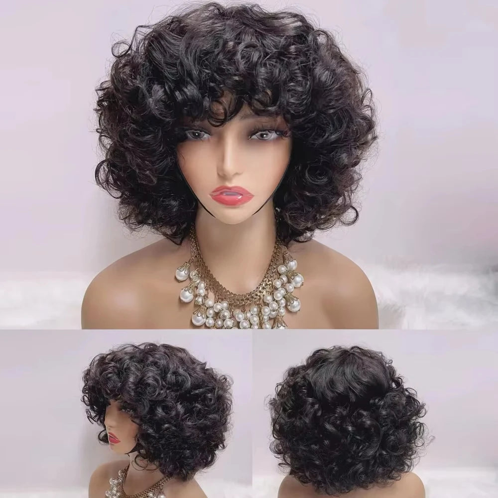 250% Bouncy Curly Bob Human Hair Wigs Loose Bouncy Rose Curly Wigs With Bangs Brazilian Remy Hair Machine Made Wig for Women