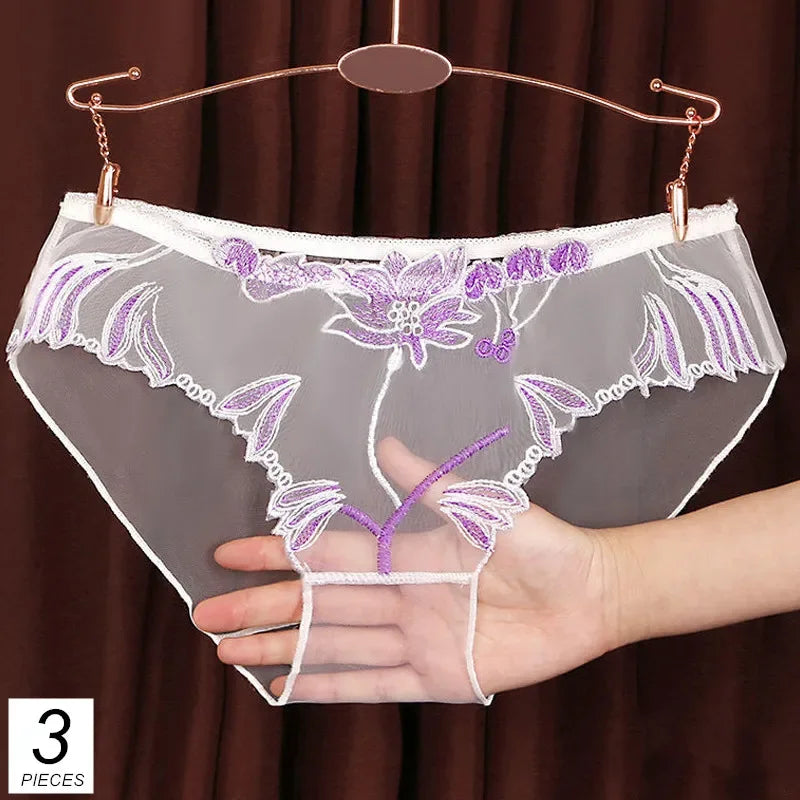 3PCS Solid Full Mesh Sexy Briefs Embroidered Floral Transparent Panties Plus Size Seamless Underwear Low Waist Erotic Lingerie