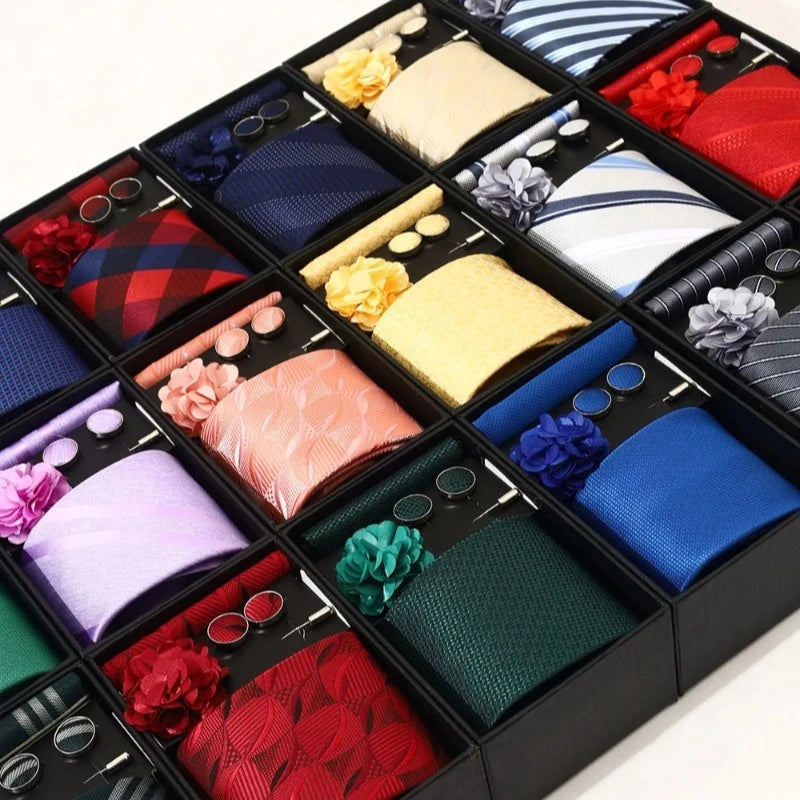 Luxury and Fashionable Men's Tie Gift Box Includes Tie, Handkerchief, Cufflinks, Tie Clip, Brooch