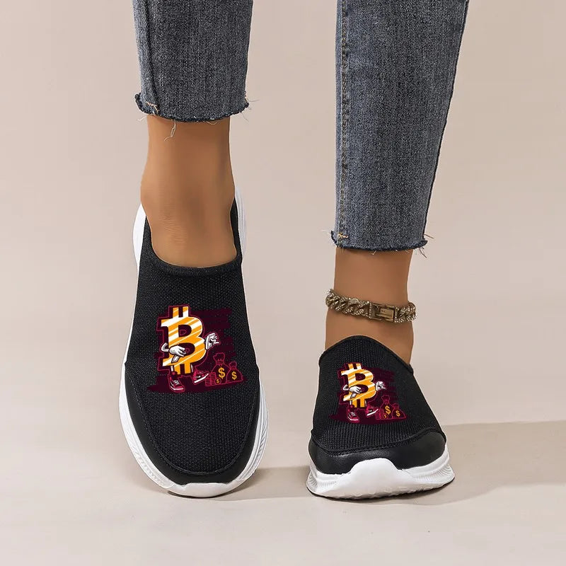 Women's Black Slip-On Casual Shoes: Platform Sole, Breathable Mesh, Trendy Print. Perfect for Shopping, Commuting & Dates.