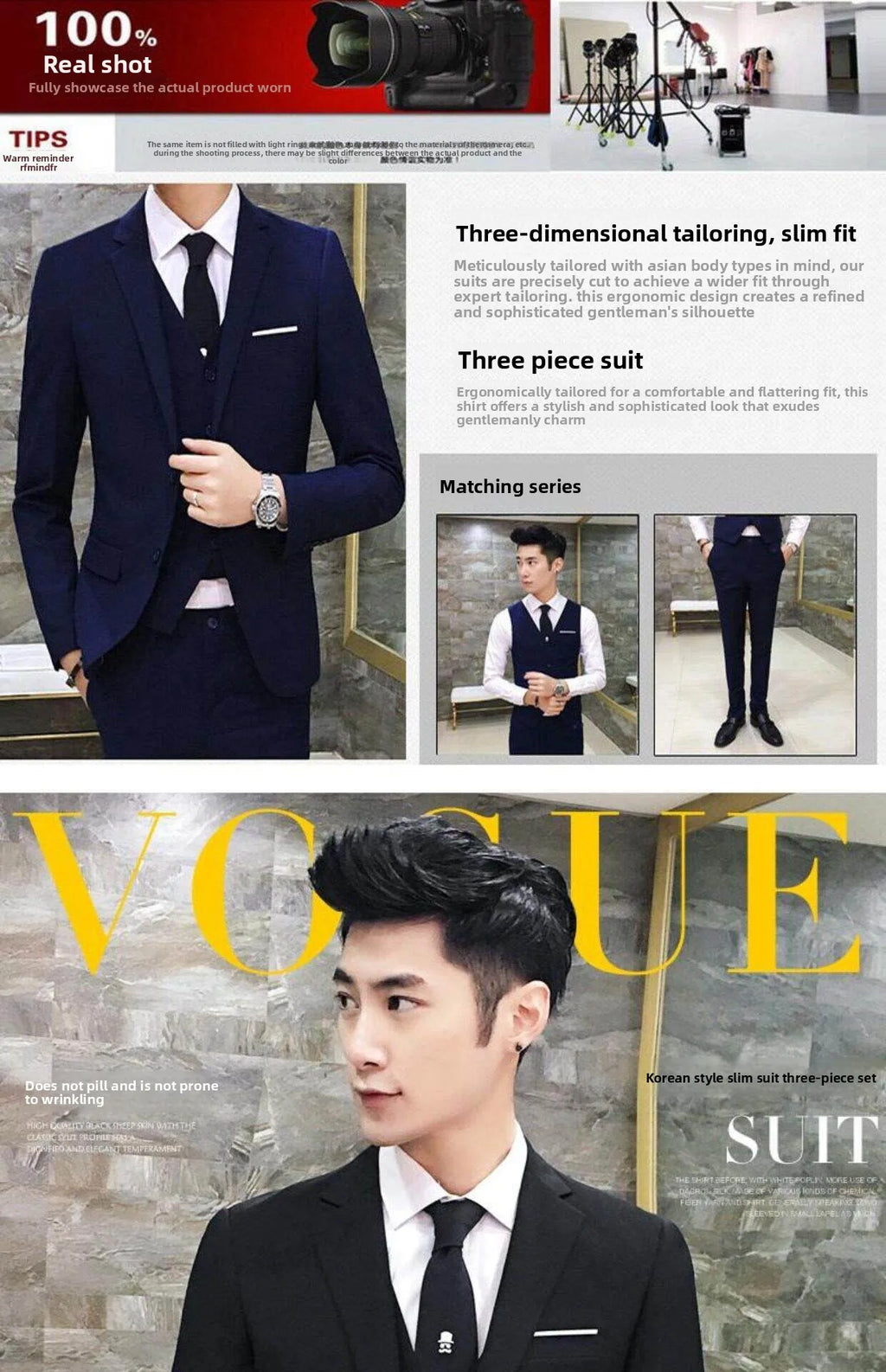Men's Three-Piece Suit Set Business Formal Tailored Wedding Groomsmen Dress Spring Fashion Urban Polyester Blend Standard Fit