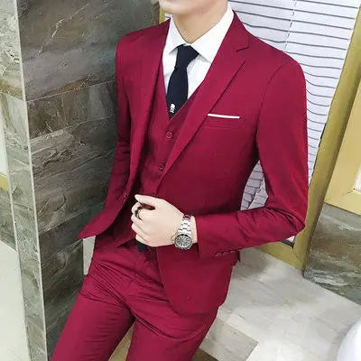 Men's Three-Piece Suit Set Business Formal Tailored Wedding Groomsmen Dress Spring Fashion Urban Polyester Blend Standard Fit