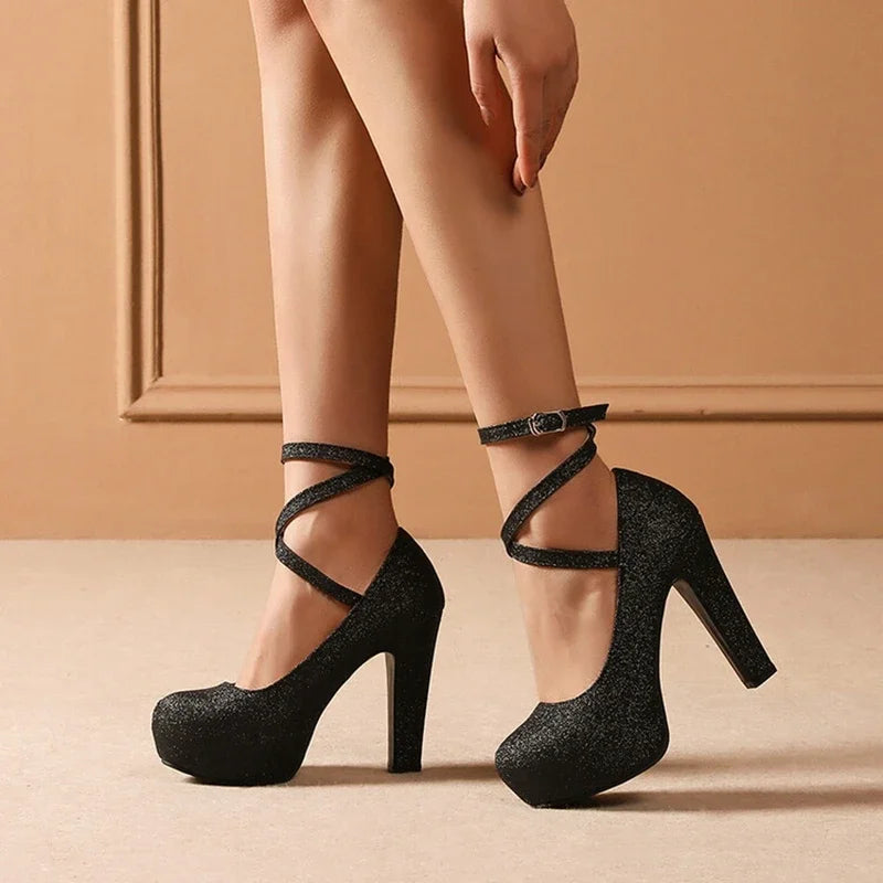 Women Shoes Sexy Fashion Round Toe High Heels  Ankle Strap Dress Dance Party Wedding Bride Platform Shoes Big Size 49 50 33-43