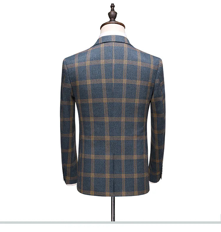 Men 3-piece Suit Outfit Single-breasted Blazer Man V-neck Vest Stright-leg Pant Male Retro Plaid Slim Business Wedding Suits