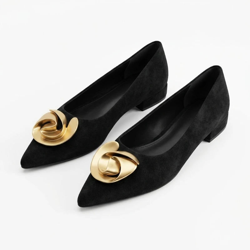 Elegant Office Women's Dress Shoes 2026 Summer New Black Shallow Pointed Toe Fashion Metal Flower Comfortable Ladies Flats