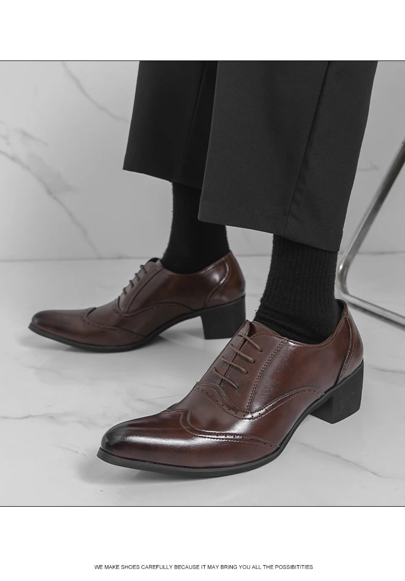 Men's High Heel Business Leather Shoes Mens Pointed Toe Dress Office Flats Men Fashion Wedding Party Oxfords Plus Size 38-46