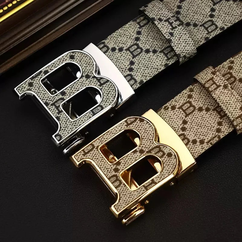 Men's Sleek Automatic Buckle Belt - Genuine FauxwithTextured Square Pattern, Black, Simple & Stylish DesignforCasual Attire