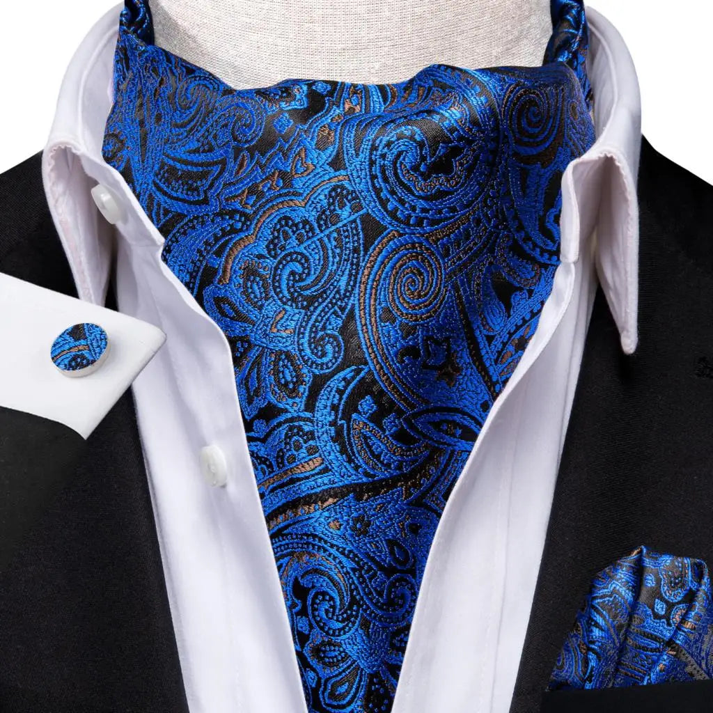 Hi-Tie Mens Ascot Black Pink Blue Red Gold Green Purple White Cravat Tie Hanky Cufflinks for Male Wedding Business Prom