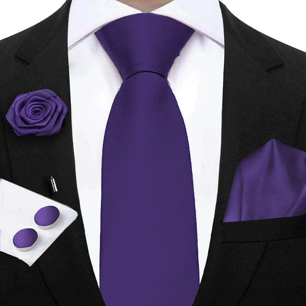 Mens Ties Solid NeckTie Pocket Square Brooch Set Men's Wedding Pink Blue Purple Tie Suit Accessories Fit Group Holiday Party