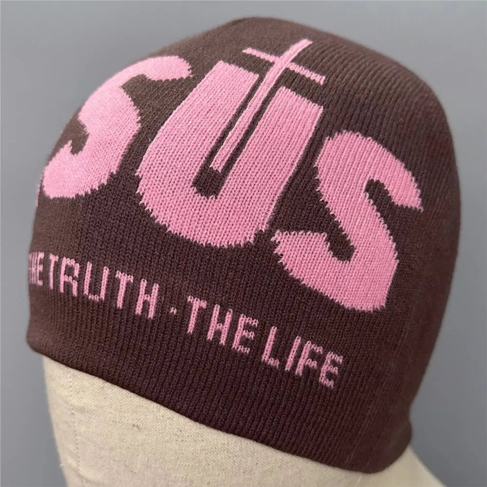 Y2k Women Jacquard Alphabet JESUS Knit Beanies Hat Men Letter Winter Fashion Kpop Goth Warm Hip Hop Thermal Unisex Pullover Hat