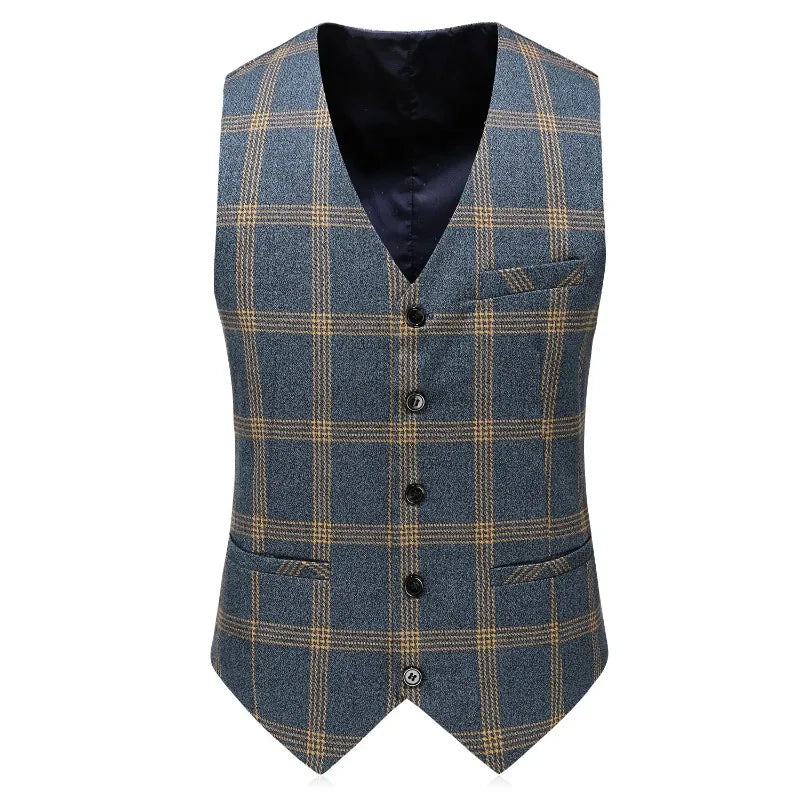 Men 3-piece Suit Outfit Single-breasted Blazer Man V-neck Vest Stright-leg Pant Male Retro Plaid Slim Business Wedding Suits