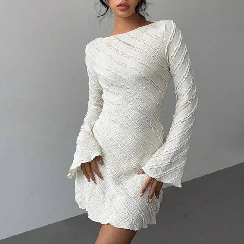 Women's Dress, White Knitted Fabric, Boat Collar A-word Short Skirt, Backless Lace-up.