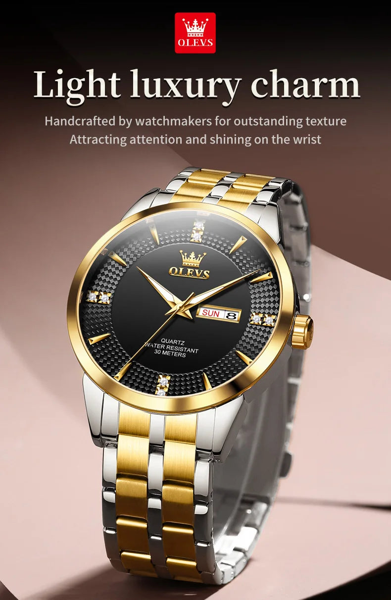 OLEVS Men Watches Luxury Business Fine Steel Original Brand Quartz Wristwatch for Man Waterproof Luminous Date Week Casual Dress