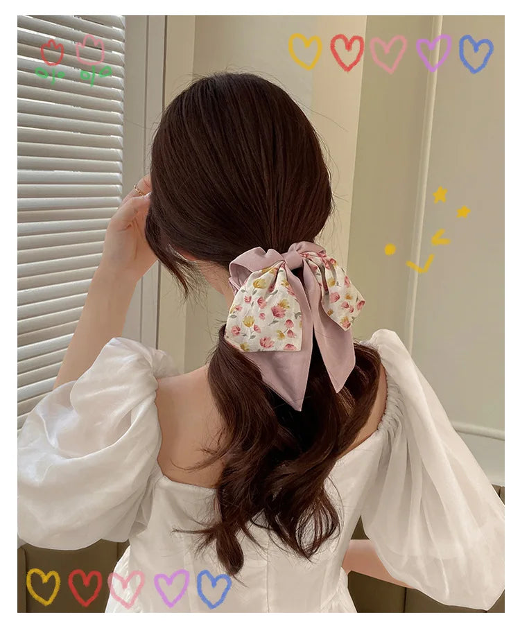 New Floral Print Bow Elastic Hair Bands Women Hair Ties Women Elegant Ribbon Rubber Band Headwear Girls Women  Hair Accessories