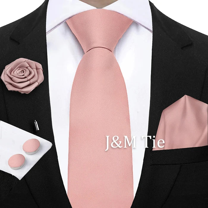 Mens Ties Solid NeckTie Pocket Square Brooch Set Men's Wedding Pink Blue Purple Tie Suit Accessories Fit Group Holiday Party