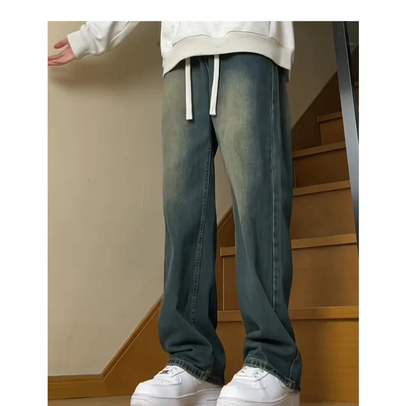 Mens Jeans Man Pants Vintage American Washed Distressed Loose Fit Casual Denim Trousers For Men