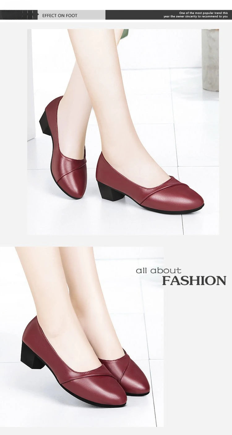Women Shallow Mouth Mid Heel Shoes 3-5cm Square Heel Low Top Pointed Toe PU Leather Rubber Sole Comfort Casual Office Dress Wear