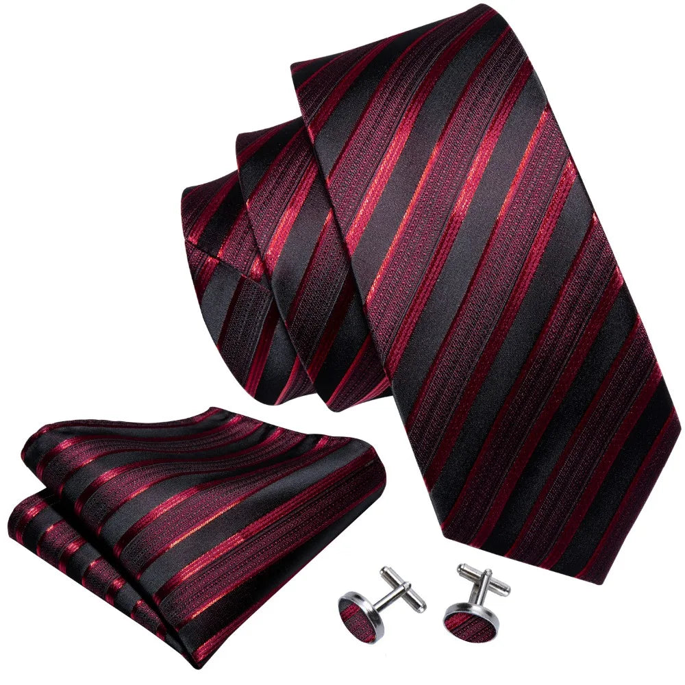 Male Luxury Neck Tie For Men Business Red Striped Tie Hanky Cufflinks Set Neckwear Wedding Party Casual