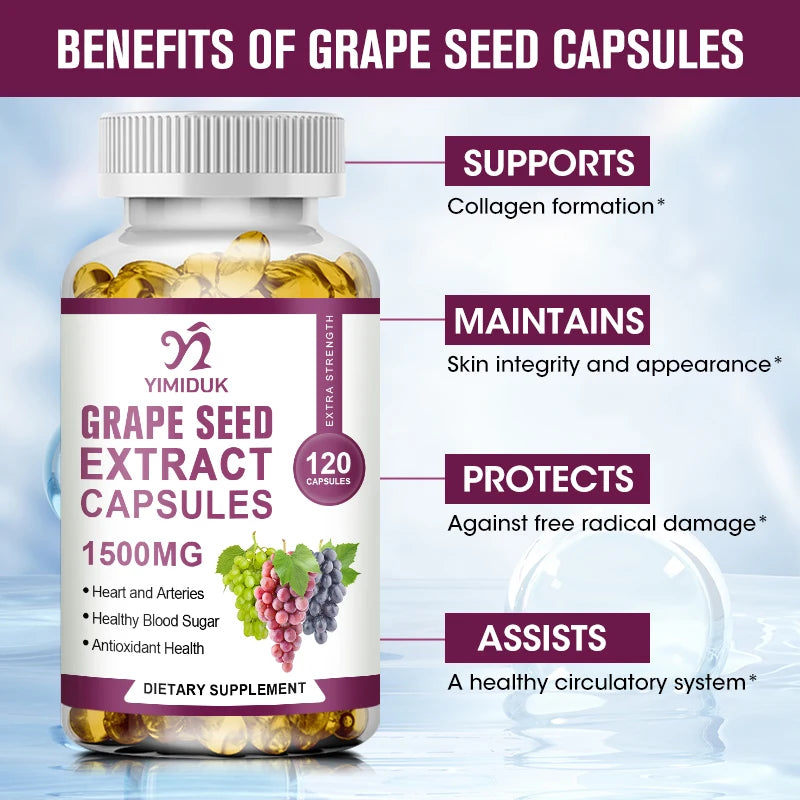 Premium Grape Seed Extract Supplement, with Vitamin C, Support Skin Elasticity, Improves Circulation, Promotes Brain Health