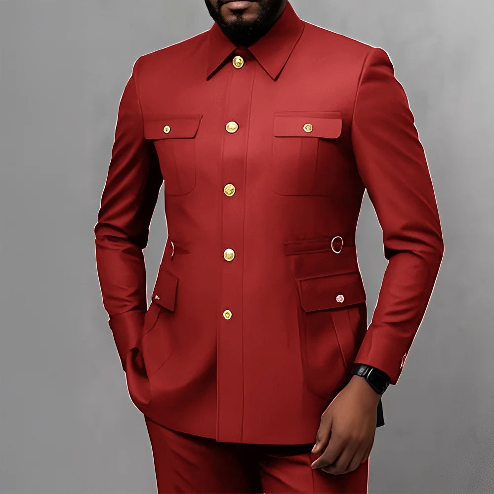 Men's 2-Piece Formal Suit, Utility Style, Golden Buttons, Suit + Trousers Combination, Fashionable Business Use
