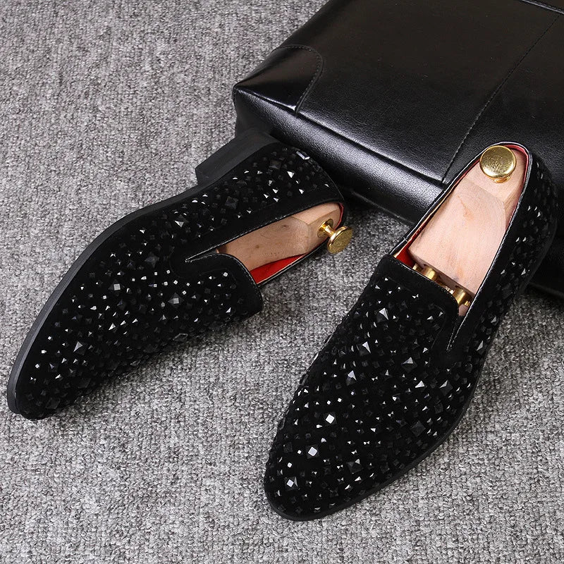 Dress Shoes for Men Luxury Pointed Toe Black Loafers Denim Metal Sequins Shoes Fashion High Quality Men Party Wedding Shoes New