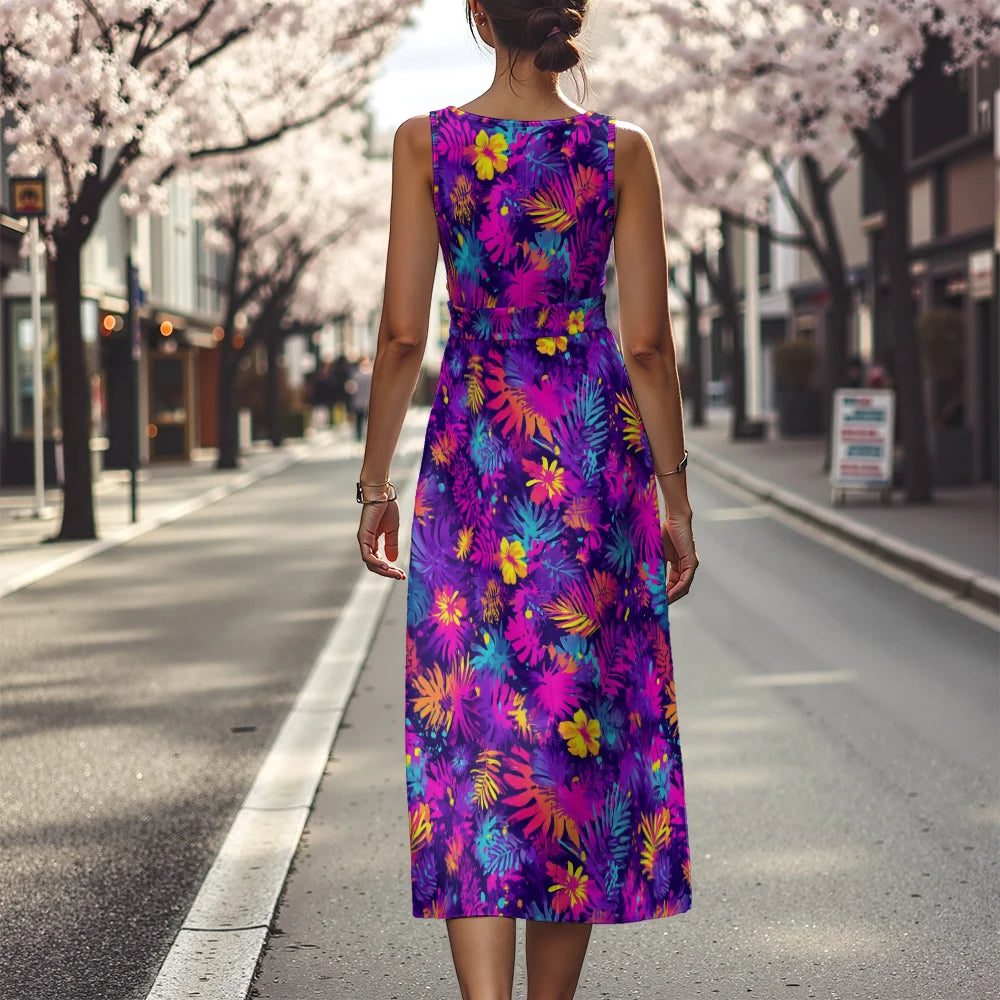 Elegant Floral Dress for Women Breathable A-Line Sleeveless Dress Chic Blue & White with Pink Blooms Office To Vacation Dress
