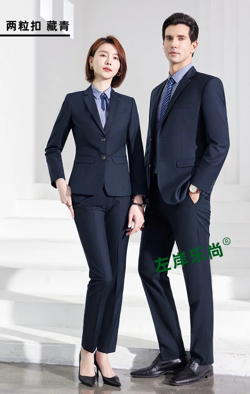 Men's Formal Business Suit Set Black Grey Blue Blazer Pants 2 Piece Work Wear For Office Sales Property 4S Store Staff