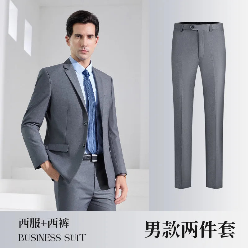 Men's Formal Business Suit Set Black Grey Blue Blazer Pants 2 Piece Work Wear For Office Sales Property 4S Store Staff