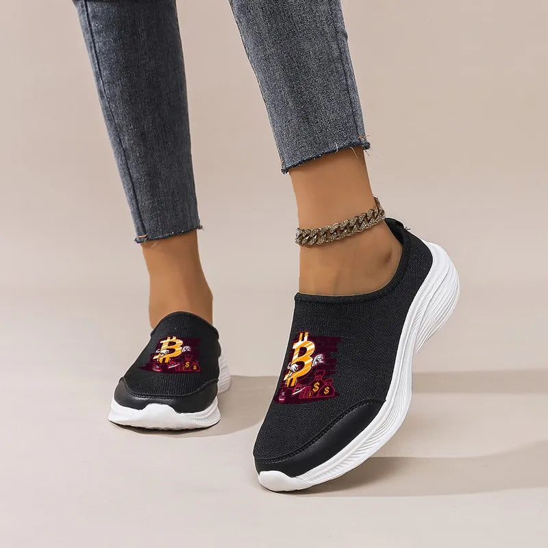 Women's Black Slip-On Casual Shoes: Platform Sole, Breathable Mesh, Trendy Print. Perfect for Shopping, Commuting & Dates.