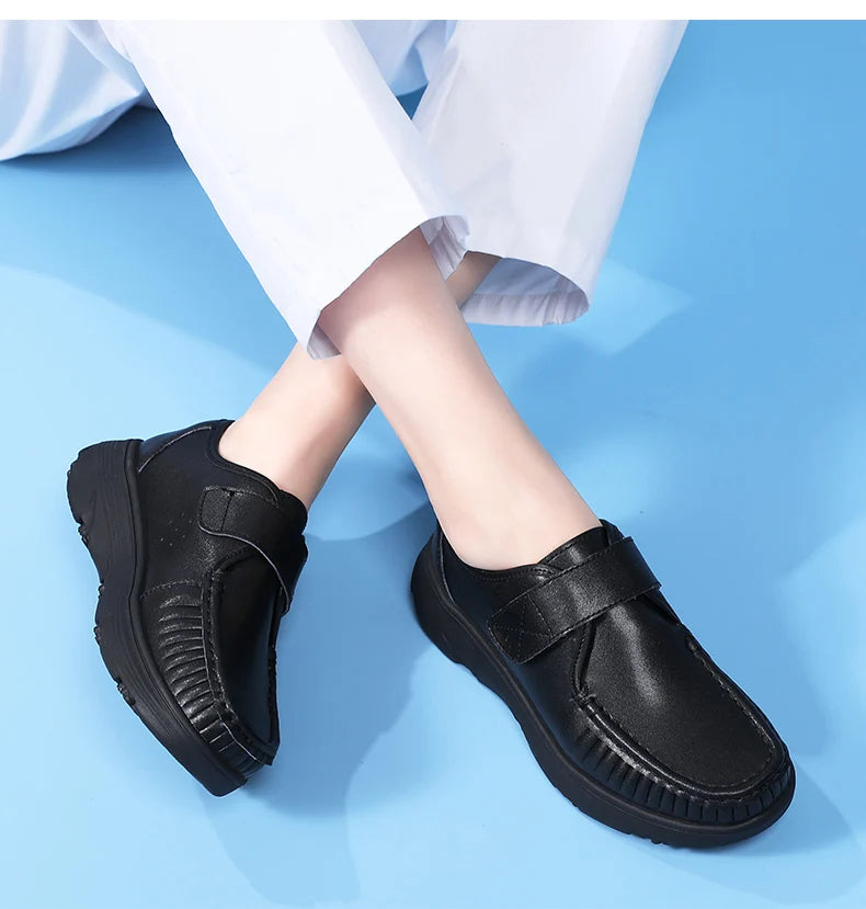 Women's Genuine Leather Nurse Shoes Soft Bottom Comfortable Breathable Anti-Slip Magic Tape Work Shoes Black White Spring Autumn