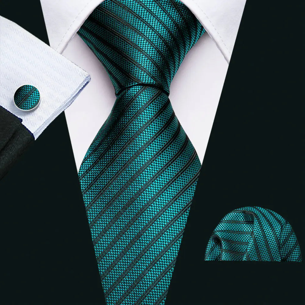 Fashion Khaki Striped Men Silk Necktie Fahsion Tie Handkerchief Cufflinks Sets Male Wedding Business Gift Barry.Wang Stylish