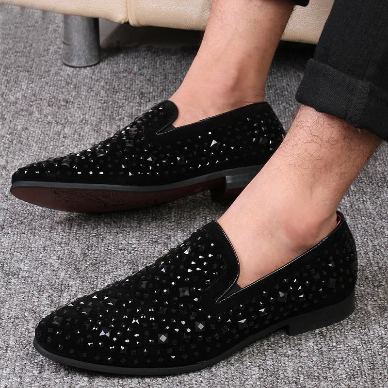 Dress Shoes for Men Luxury Pointed Toe Black Loafers Denim Metal Sequins Shoes Fashion High Quality Men Party Wedding Shoes New
