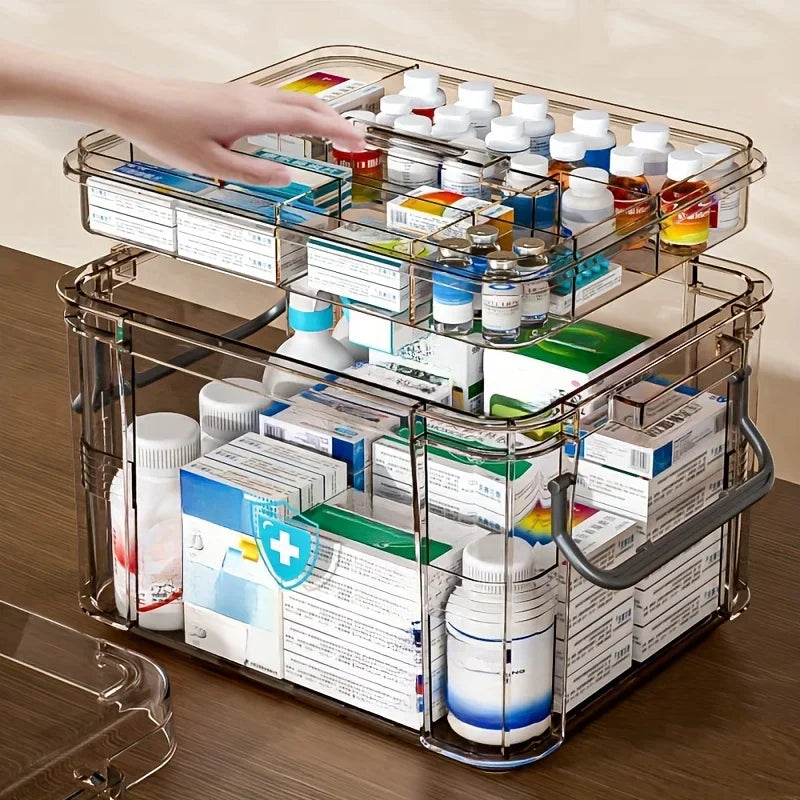 Clear Medicine Organizer Storage Box with Tray, Plastic First Aid Box Empty, Thickened Medicine Container Chest