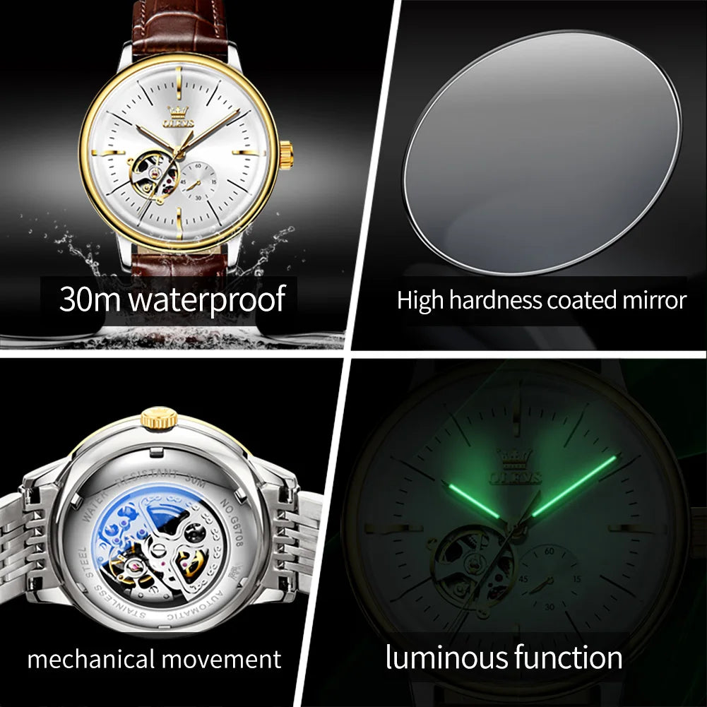 OLEVS 6708 Mechanical Watch for Men Fashion Arched Glass Automatic Men's Watches Hollow Simple Luxury Brand Original Man Watch