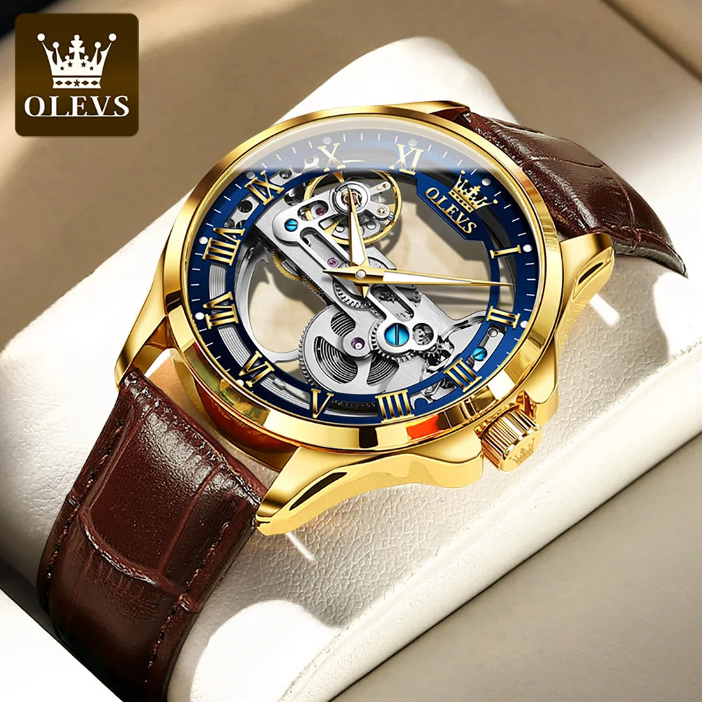 OLEVS 6661 Top Brand Men's Watches Fashion Hollow Flywheel Automatic Mechanical Wristwatch Waterproof Luminous Leather Strap