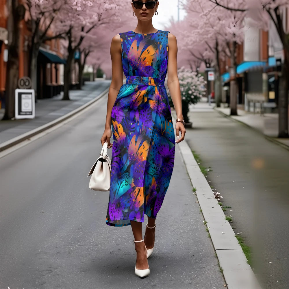 Elegant Floral Dress for Women Breathable A-Line Sleeveless Dress Chic Blue & White with Pink Blooms Office To Vacation Dress