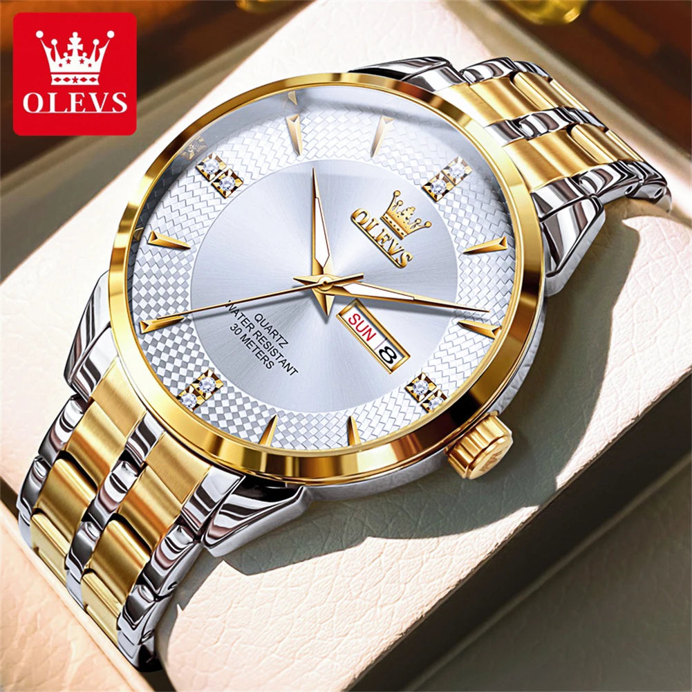OLEVS Men Watches Luxury Business Fine Steel Original Brand Quartz Wristwatch for Man Waterproof Luminous Date Week Casual Dress