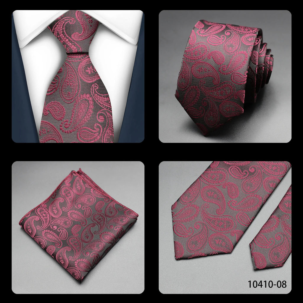 Mens Gift Tie Set Exquisite Red Jacquard Wine Burgundy Paisley Wedding Tie For Men Fashion Design Quality Hanky Dropshipping