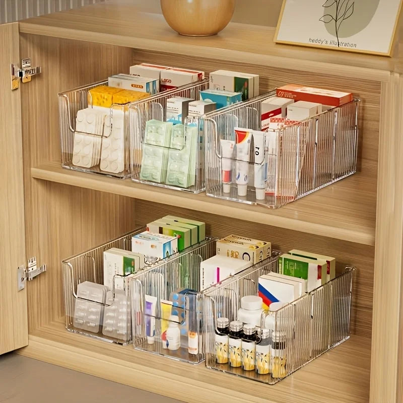 Medicine Storage Box Transparent Divided Desktop Medicine Organizer 4-Compartment Makeup Organizer Storage Rack First Aid Box