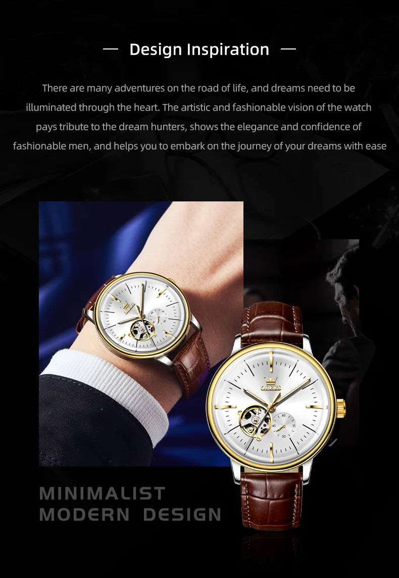 OLEVS 6708 Mechanical Watch for Men Fashion Arched Glass Automatic Men's Watches Hollow Simple Luxury Brand Original Man Watch
